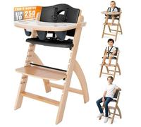 Abiie Beyond - Trona de madera para bebés y niños pequeños, trona convertible 3 en 1 con bandeja extraíble, de 6 meses a 250 libras, resistente al agua, cojín de madera natural/perla negra