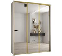 ABIKSMEBLE Cannes 2 Armario Moderno con 3 Puertas Correderas con Barra, Estantes y Espejo - Mueble de Almacenamiento para Dormitorio, Salón - 205,2x200x45 cm - Blanco Oro Blanco