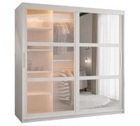 ABIKSMEBLE Flutes 2 Armario de Dos Puertas Correderas con Espejo, Barras y Estantes - Mueble de Almacenamiento para Salón - Frentes de Vidrio Estriado - 200x180x62 cm - Blanco, Blanco, Plata