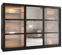 ABIKSMEBLE Flutes 2 Armario de Tres Puertas Correderas con Espejo, Barras y Estantes - Mueble de Almacenamiento para Salón - Frentes de Vidrio Estriado - 200x250x62 cm - Negro, Negro, Negro