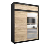 ABIKSMEBLE Roma 1 180 Armario de Dormitorios con Tres Puertas Correderas - Armario de Almacenamiento Moderno con Espejo, Perchero y Estantes - 180x240x62 cm - Negro Mate + Sonoma con Extensión