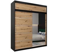 ABIKSMEBLE Verona 2 200 Armario de Dormitorios con Dos Puertas Correderas - Armario de Almacenamiento Moderno con Espejo, Perchero y Estantes - 200x240x62 cm - Negro Mate + Craftsman con Extensión