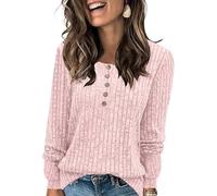 ABINGOO Jerséis para Mujer Cuello Redondo con Botones Tops de Manga Larga Suéter Ligero Túnicas Basica Pullover Camisetas(Rosa,M)