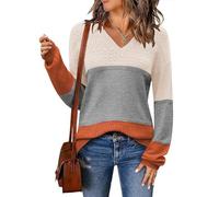 ABINGOO Jersey de Punto Mujer Ligero Cuello en V Suéter Ajustado de Color Bloque Casual Pullover Elegante Sweater Tops(Gris,L)