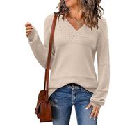 ABINGOO Jersey de Punto Mujer Ligero Cuello en V Suéter Ajustado de Color Bloque Casual Pullover Elegante Sweater Tops(Beige,XXL)