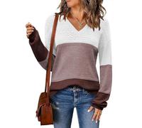 ABINGOO Jersey de Punto Mujer Ligero Cuello en V Suéter Ajustado de Color Bloque Casual Pullover Elegante Sweater Tops(Marrón,L)