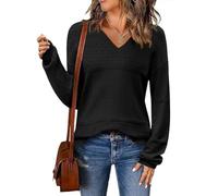 ABINGOO Jersey de Punto Mujer Ligero Cuello en V Suéter Ajustado de Color Bloque Casual Pullover Elegante Sweater Tops(Negro,M)