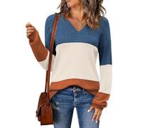 ABINGOO Jersey de Punto Mujer Ligero Cuello en V Suéter Ajustado de Color Bloque Casual Pullover Elegante Sweater Tops(Z-Beige,M)
