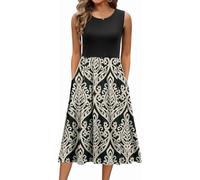 ABINGOO Mujer Sin Mangas Maxi Vestido Casual Playa Vestido Elegante Estampado Midi Vestidos Cintura Alta Cuello Redondo Vestido con Bolsillos (Z-Negro,L)