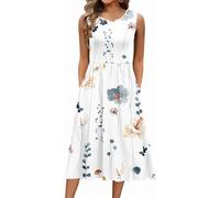 ABINGOO Mujer Sin Mangas Maxi Vestido Casual Playa Vestido Elegante Estampado Midi Vestidos Cintura Alta Cuello Redondo Vestido con Bolsillos (Blanco,XL)
