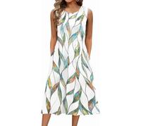 ABINGOO Mujer Sin Mangas Maxi Vestido Casual Playa Vestido Elegante Estampado Midi Vestidos Cintura Alta Cuello Redondo Vestido con Bolsillos (Z-Blanco,L)