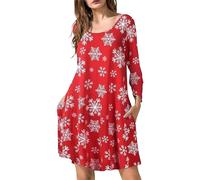 ABINGOO Mujer Vestidos de Navidad Túnica Manga Larga Vestido Estampado Navideño Cuello Redondo Vestidos Navidad Party Casual Vestidos(Rojo,M)