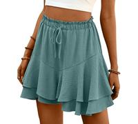 ABINGOO Pantalones Cortos Mujer Verano Color Sólido Minifalda Casual Elástica Cintura Alta Shorts Doble Volante Bermudas y Cordón(Verde,S)