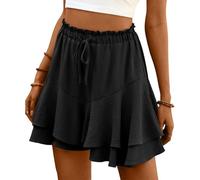 ABINGOO Pantalones Cortos Mujer Verano Color Sólido Minifalda Casual Elástica Cintura Alta Shorts Doble Volante Bermudas y Cordón(Negro,XL)