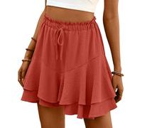 ABINGOO Pantalones Cortos Mujer Verano Color Sólido Minifalda Casual Elástica Cintura Alta Shorts Doble Volante Bermudas y Cordón(Naranja,XL)