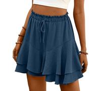 ABINGOO Pantalones Cortos Mujer Verano Color Sólido Minifalda Casual Elástica Cintura Alta Shorts Doble Volante Bermudas y Cordón(Azul,M)