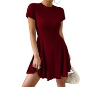 ABINGOO Vestido Cóctel Verano Mini Mujer Elegante Color Sólido Fiesta Sexy Vestido Cuello Redondo Cintura Alta Slim Fit Vestido Corto(Rojo,L)