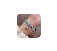 ABISIN Pulseras azules de cuentas de cristal para parejas, para mejores amigas, hechas a mano, cadena de cola de pez, colgante de borla, lindas pulseras de cuentas kawaii elásticas para relación, amor