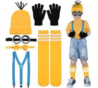Abitoncc Disfraz amarillo para niños, disfraz del Día Mundial del Libro, gorro de punto amarillo, gafas steampunk, pajarita, correa para el hombro, medias para niños, disfraz para Halloween, Día