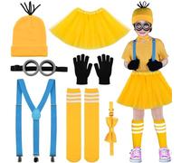 Abitoncc Disfraz amarillo para niños, disfraz del Día Mundial del Libro, gorro de punto amarillo, gafas steampunk, pajarita, correa para el hombro, medias para Halloween, disfraz del Día Mundial del