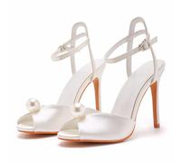 ABJGHYUT Sandalias de tacón Alto para Mujer, de satén, con Tiras en el Tobillo, para Boda, Noche, Novia, Tacones de Aguja, Sandalias con Punta Abierta,Beige,38