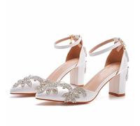 ABJGHYUT Zapatos de boda con diamantes de imitación para mujer, tacón grueso, punta en punta, sandalias de fiesta, vestido de cristal, zapatos de tacón de noche,White 7.5cm,38