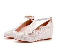 ABJGHYUT Zapatos de Boda de Encaje Blanco cuñas 5,5 CM Tacones Altos Correa señoras Novia Fiesta Baile Bombas Zapatos de Vestir,Blanca,37