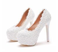 ABJGHYUT Zapatos de Boda de Encaje Blanco para Novia, Tacones Finos, Punta Redonda, Plataforma, Zapatos de Boda de Encaje Blanco, Zapatos de tacón Alto,Blanca,37