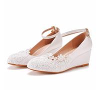 ABJGHYUT Zapatos de Boda de Encaje Blanco Zapatos de tacón de cuña Zapatos de Plataforma Zapatos de cuña de Punta Redonda Zapatos de tacón de cuña Zapatos de Novia,Blanca,37