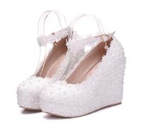 ABJGHYUT Zapatos de Boda de Encaje Blanco Zapatos de tacón de cuña Zapatos de Plataforma Zapatos de cuña de Punta Redonda Zapatos de tacón de cuña Zapatos de Novia,Blanca,35