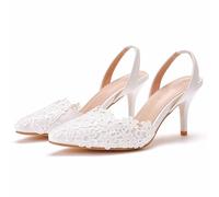 ABJGHYUT Zapatos de tacón Alto para Mujer, Sandalias Puntiagudas con Punta Cerrada y Tiras de Encaje Blancas, Tacones de Aguja, Zapatos de Novia para Fiesta de Boda,Blanca,38