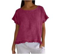 ABLYTMIAQ Camisetas de algodón de manga corta para mujer, cuello redondo, ajuste holgado, manga con vuelos, dobladillo con volantes, para salir, casual, para vacaciones, hot pink, M