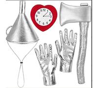 Abnaok Accesorios de disfraz de estaño, juego de sombrero de embudo de hacha plateada con guantes plateados, broche de corazón para hombres adultos para fiesta de cosplay