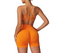 ABOCIW Conjunto de 2 piezas de entrenamiento sin costuras para mujer, cuello redondo, brasier deportivo con tiras, levantamiento de glúteos, pantalones cortos de impacto para gimnasio, Naranja, S