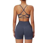 ABOCIW Conjunto de 2 Piezas de Entrenamiento sin Costuras para Mujer, Cuello Redondo, Brasier Deportivo con Tiras, Levantamiento de glúteos, Pantalones Cortos de Impacto para Gimnasio, Gris, S