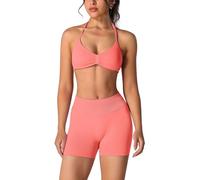 ABOCIW Conjunto de entrenamiento sin costuras para mujer, 2 piezas, brasier deportivo con tirantes halter, pantalones cortos para gimnasio, yoga, #1 Coral, XS
