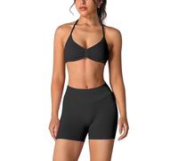 ABOCIW Conjunto de entrenamiento sin costuras para mujer, 2 piezas, brasier deportivo con tirantes halter, pantalones cortos para gimnasio, yoga, #1 Negro, Small