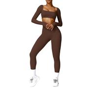ABOCIW Conjuntos de entrenamiento para mujer, 2 piezas, cuello cuadrado, manga larga, ombliguera de cintura alta, leggings acampanados, conjuntos de gimnasio, Z-Marrón, M