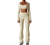 ABOCIW Conjuntos de entrenamiento para mujer, 2 piezas, parte delantera torcida, manga larga, pantalones cortos de cintura alta, leggings acampanados, conjuntos de gimnasio, y-beige, Large