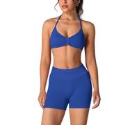 ABOCIW Conjuntos de entrenamiento sin costuras para mujer de 2 piezas, sujetador deportivo con tirantes halter, pantalones cortos fruncidos para glúteos, conjuntos de gimnasio y yoga, S