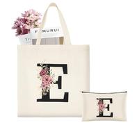 ABOHU Bolso inicial personalizado de tela inicial para mujer, Alfabeto Bolso de Cosméticos, bolso de Mujer con Inicial y Flores Bolsa de Compras con Bolsillo Interior, Damas Amigas Mamá Regalo(E)