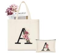 ABOHU Bolso inicial personalizado de tela inicial para mujer, Alfabeto Bolso de Cosméticos, bolso de Mujer con Inicial y Flores Bolsa de Compras con Bolsillo Interior, Damas Amigas Mamá Regalo(A)