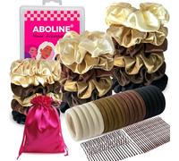 ABOLINE Kit de accesorios para el cabello | 18 coleteros para mujer (S/M/L), 20 lazos para el cabello sin costuras que no dañan el cabello, 100 horquillas | Caja organizadora lista para viajar y bolsa
