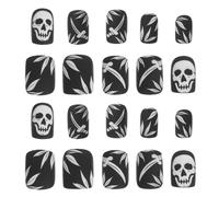 ABOOFAN Uñas Postizas Cortas de Calavera Negras para Halloween Autoadhesivas de Plástico con Cobertura Total Diseño Gótico Terrorífico para Fiestas Cosplay y Manicura Temática