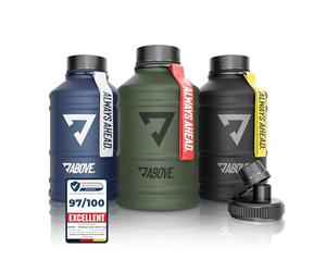 ABOVE. Botella Agua Acero Inoxidable 1.3L / 2.2L - Sin BPA, Resistente y Antifugas - con 2 Tapas Incluidas para Fitness, Deporte y Gimnasio - No térmica (2.2L Negro)