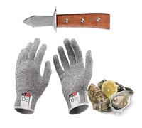 Abre Ostras Set, con 6,7 Pulgada Cuchillo Ostras y Par de Guantes Resistentes a Cortes de Grado 5, Mango de Roble de Grado A, Triple Remache Reforzado, para Mariscos o Queso Duro (Guante Tamaño M)