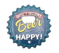 Abrebotellas con forma de tapón de corona - Diseño magnético 8,5 cm - Abridor de botellas con imán para nevera y agujero para pared - Accesorio para casa, bar, cocina y regalo original (HAPPY)