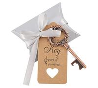 Abrebotellas de 50 piezas, recuerdos de boda, abridor de botellas con forma de llave de bronce vintage con etiquetas de acompañante, tarjeta, cinta de seda y caja de almohada,