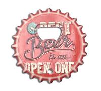 Abrebotellas en forma de tapón de corona - Diseño magnético 8,5 cm - Abrebotellas con imán para nevera y agujero para pared - Accesorio para casa, bar, cocina y regalo original (OPEN)