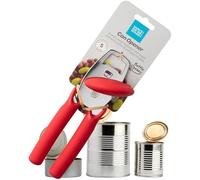 Abrelatas de acero inoxidable superior, duradero, fácil de usar, ruedas de corte suaves y cómodo agarre suave, asas rojas. Incluye abridor de tapas de botella. Apto para lavavajillas.